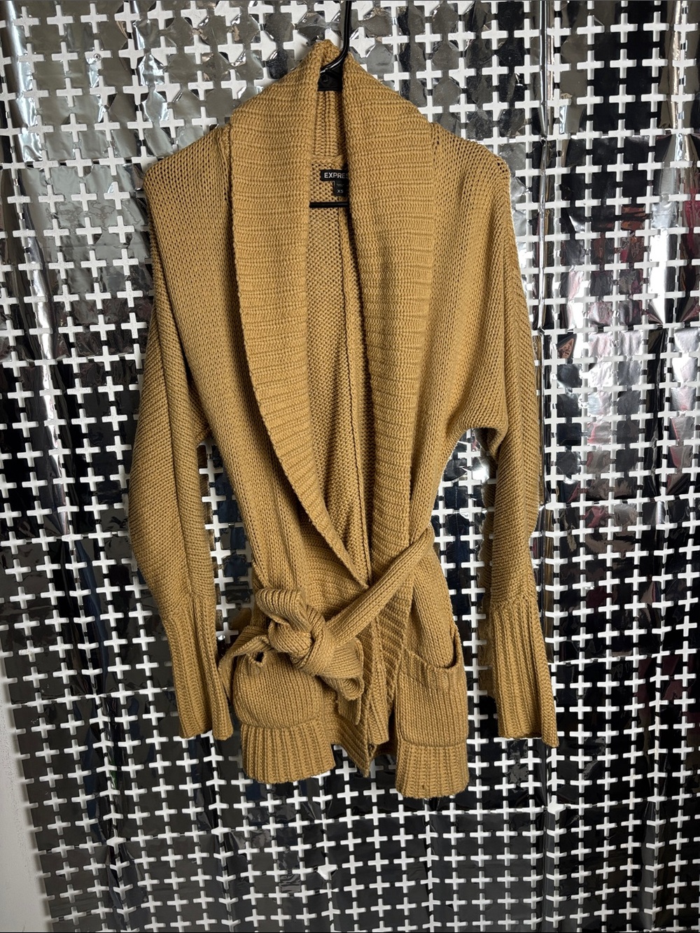 Express Camel Shawl-Collar Tie-Front Cardigan